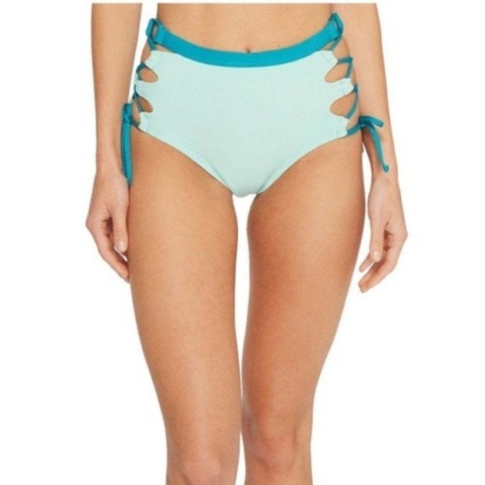 NWT Splendid Color Block High Waist Lace Up Side Bikini Bottom Sz. L